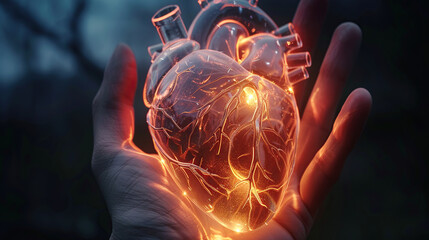 A transparent, glowing model of a heart on one hand