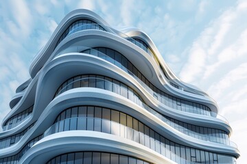 Abstract modern architecture with wavy facade 3d rendering. 