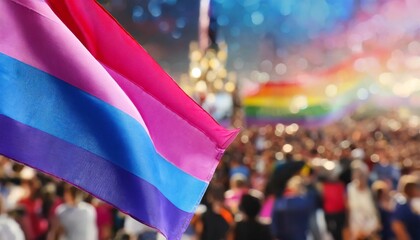 bisexual flag on the background of the pride parade, lgbt pride month, fight against homophobia, tolerance, rally of many people