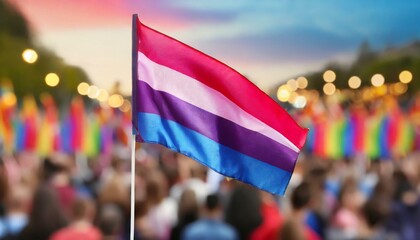 bisexual flag on the background of the pride parade, lgbt pride month, fight against homophobia, tolerance, rally of many people