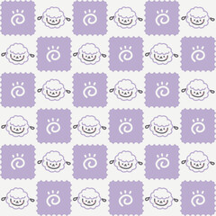 Cute Kawaii Sheep and Swirl Illustrations in a Playful Purple Pattern