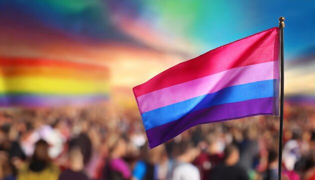 bisexual flag on the background of the pride parade, lgbt pride month, fight against homophobia, tolerance, rally of many people