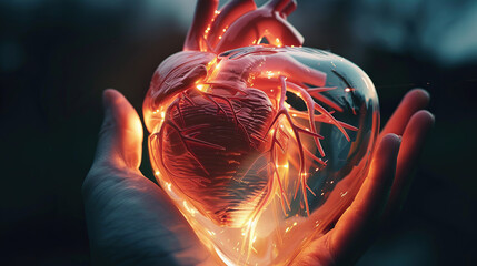 A transparent, glowing model of a heart on one hand