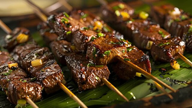 Tender beef skewers marinated in a flavorful island rub served on a banana leaf for a unique presentation.