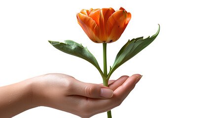 Hand holding a flower in celebration of World day PNG. Hand with a flower as indication of bio-ecology. Colorful flower isolated
