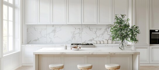 Minimalist white kitchen interior with a marble island, minimalist stools, and a large window over the sink