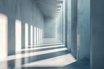Fototapeta premium Abstract of futuristic architectural structure with sun light cast the shadow on wall and floor Grey smooth design space. 3D rendering 