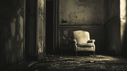 A chair is sitting in a dark room with a wall that is covered in peeling paint. The chair is the only piece of furniture in the room, and it is old and worn