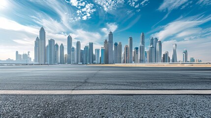Asphalt road ground and city skyline with modern commercial buildings in Dubai, UAE. 