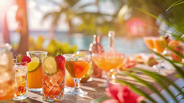 The tropical beach setting provides the perfect ambiance for a fruity drink tasting event.