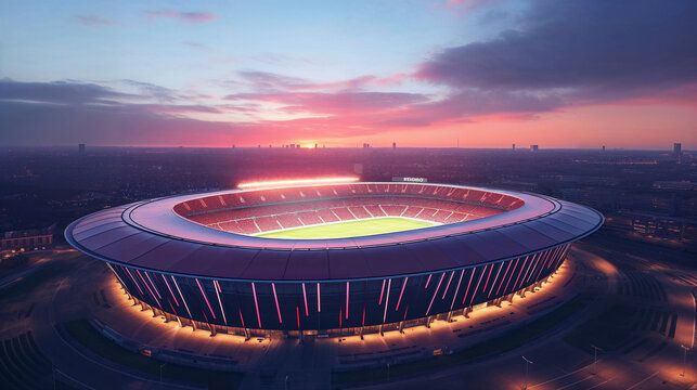 A vast stadium glows under the vibrant colors of a sunset sky, showcasing its modern architecture and evening ambiance