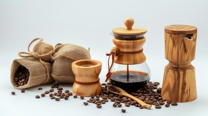 Coffee pot set with accessories isolated on white. Environmentally friendly friends