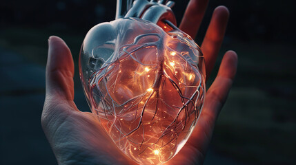 A transparent, glowing model of a heart on one hand