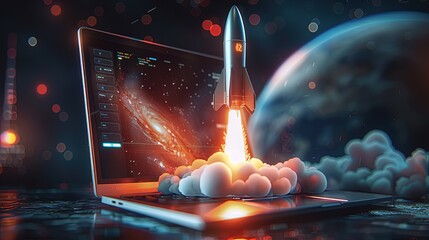 rocket launch for PC/ Laptop illustration, illustration of a rocket flying from the laptop screen,launching space rocket from laptop screen