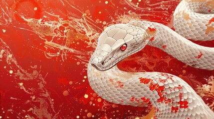 Fototapeta premium White snake slithering on red background