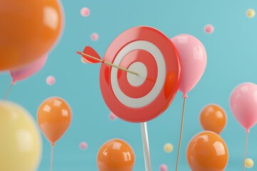 Illustration of arrow hit the center of floating target with balloons Business concept. 3d rendering. 