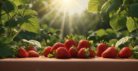 Strawberry bokeh on wooden plank floor in stobery plant background
