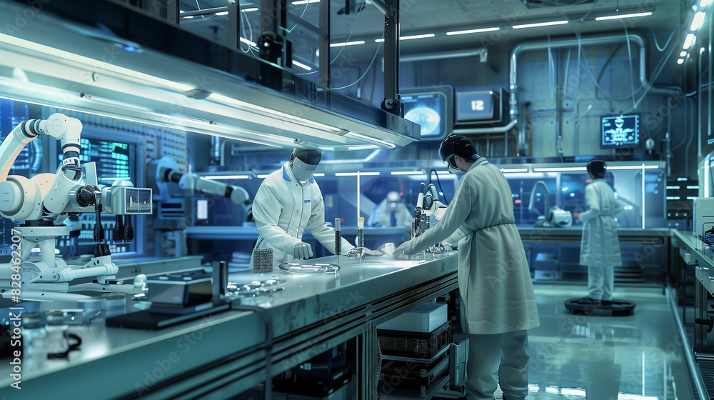 Poster a woman in a lab coat is working with a robot. the robot is white and has a blue face. the lab is fi