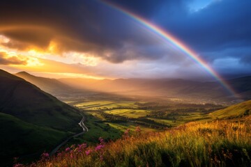 Obraz premium Dramatic Sunset And Rainbow Contrasting Over Mountainous Landscape. Generative AI