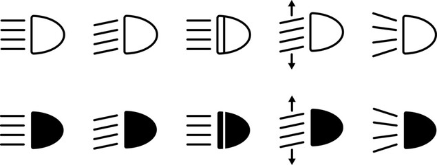 Headlight, light indicator dashboard icon. Vector high beam. Car light symbol. Vector icons of vehicle dashboard indicators. Such symbols include high and low beam and adjustable headlight symbol. © Volodymyr