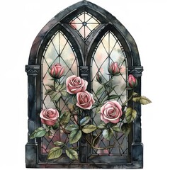 Whimsical Window Scene with Pink Roses Generative AI