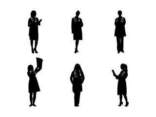 Set of Female Doctor Silhouette in various poses isolated on white background