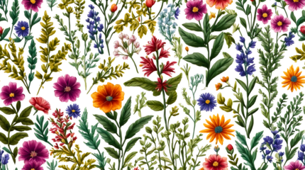This PNG graphic showcases a stunning array of flowers, herbs, and wildflowers, each meticulously detailed in an embroidery style that emphasizes the delicate textures and vibrant colors of traditiona