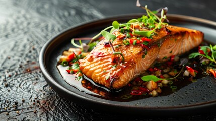 chili glazed salmon, front view, space for text