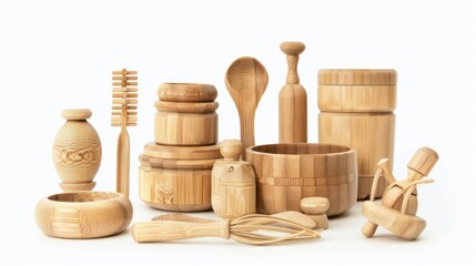 children's toy set made from bamboo With equipment isolated on white Environmentally friendly friends