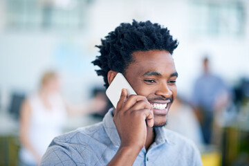 Happy black man, consultant and communication with phone call for friendly discussion, chat or...