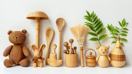 children's toy set made from bamboo With equipment isolated on white Environmentally friendly friends