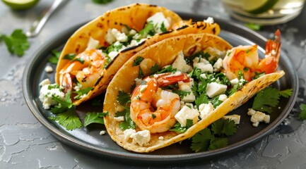 Plate of Shrimp Tacos With Feta Cheese and Cilantro