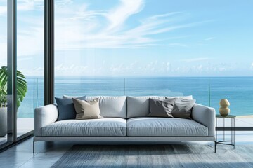 Modern interior design with sofa and side table on sea background. 3D rendering 