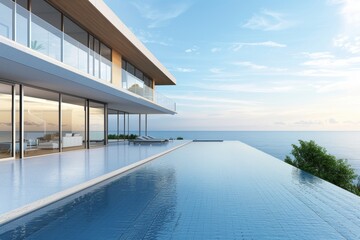 Perspective of modern luxury house with wood terrace and swimming pool on sea view background Idea of minimal architecture design. 3D rendering. 