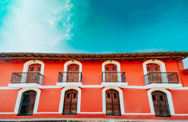 Colorful colonial house with 4 balconies. Granada, Nicaragua. Architecture of colorful houses of Granada
