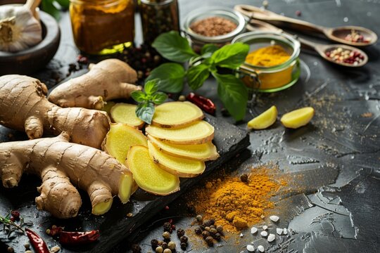 An artistic setup of ginger root slices with various spices, herbs, and cooking utensils on a rustic table