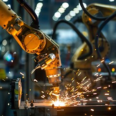 A close-up of a robotic arm welding a car part, sparks illuminating the precision and efficiency of automated construction