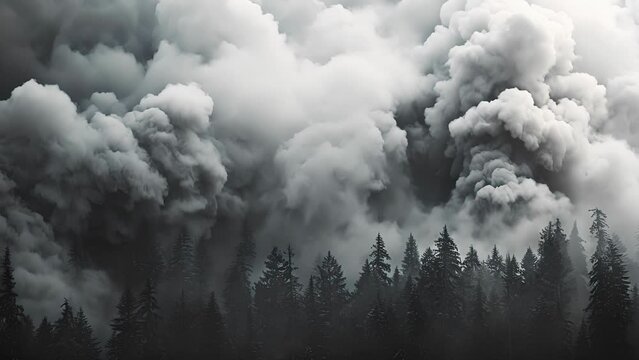 Smokefilled pyrocumulus clouds hovering ominously over a forest landscape.