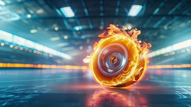Olympic Paris 2024 Sport Focus a flying roller derby wheel on fire in the center with blur roller derby stadium background