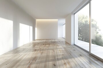 3d rendering of modern empty room with wooden floor and large window on white background. 