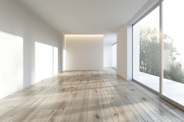 Obraz premium 3d rendering of modern empty room with wooden floor and large window on white background. 
