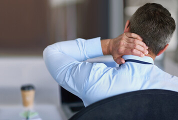 Business man, hand and neck pain in office with stress, injury and accident with muscle fatigue....
