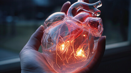 A transparent, glowing model of a heart on one hand