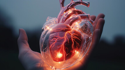 A transparent, glowing model of a heart on one hand