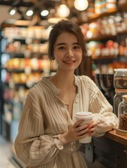 Relaxed Businesswoman Enjoying Coffee Break in Shanghai Generative AI