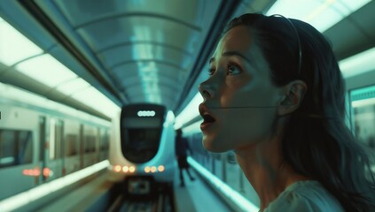 Woman riding maglev train, surprised woman on the platform