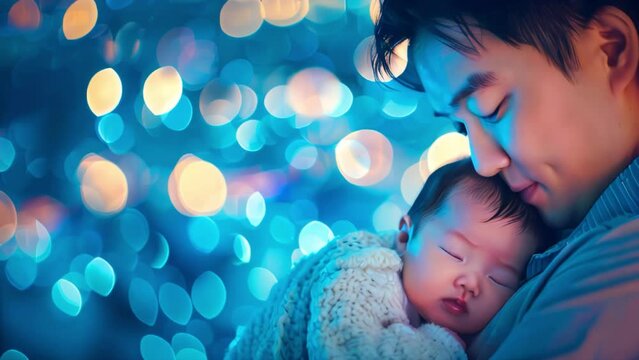Asiatic Father gently cradling a sleeping newborn Asian baby wrapped in a blanket. Blue bokeh background. Oriental Father's day concept, Looped video	
