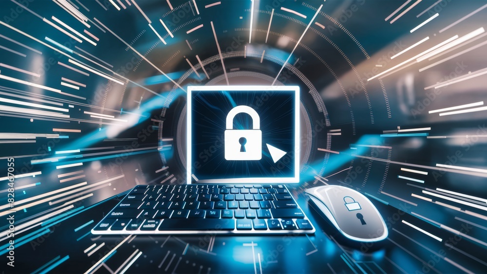 Poster a concept of computer security, keyboard and mouse on a table next to an open laptop, ai