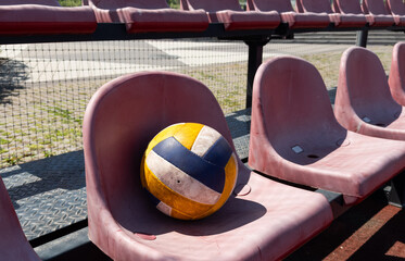 volleyball ball on bench on the sports tribune