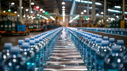Fototapeta premium Shipping containers filled with water bottles being transported on a conveyor belt system in a large distribution center Generative AI